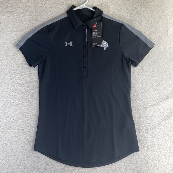 NWT Under Armour Polo Shirt Womens Small Black Viking Logo Golf Loose Fit NEW - Picture 1 of 16